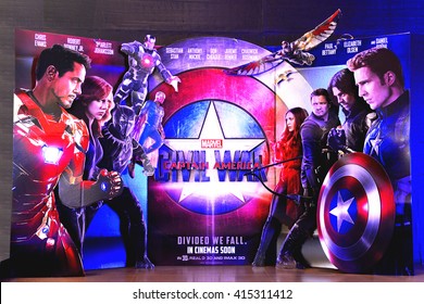 Bangkok, Thailand - May 2, 2016:  Beautiful Standee Of Captain America: Civil War Display At Siam Paragon Shopping Center