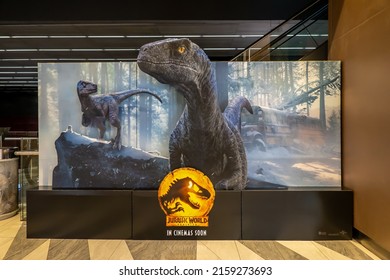 Bangkok, Thailand - May 22, 2022: A Beautiful Standee Of The Sci-Fi Dinosaur Movie Jurassic World: Dominion: Displays At The Cinema To Promote The Movie