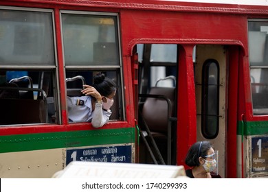 Bangkok, Thailand - May 24  2020 :  Bus Of Bangkok Mass Transit Authority(BMTA) At Urban Bus Stop  After Coronavirus Outbreak With Social Distancing Policy.