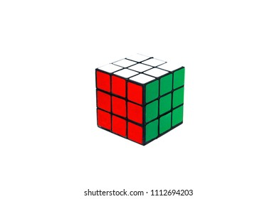 Bangkok Thailand -May 27 2018 : RUBIK CUBE Puzzle Take A Photo On White Background Studio .it Is Color White , Green And Red Color Surface.