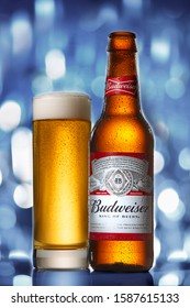 Bangkok, Thailand - May 28, 2018 : Bottle Of Budweiser Beer With A Glass Of Beer And Bokeh Background