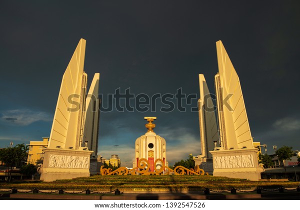 Bangkok, Thailand - May 3, 2019 : The\
Democracy Monument (Anusawari Prachathipatai). It was started in\
1939 to commemorate the 1932 revolution that introduced Siam\'s\
first constitution.