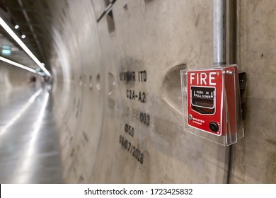 Bangkok / Thailand- May 3 2020: A Subway Fire Alarm Equipment For Emergency At The MRT Walkway Tunnel.