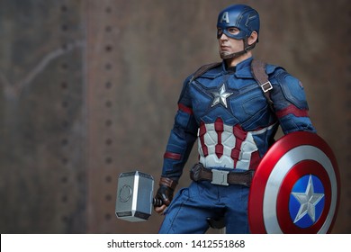 BANGKOK THAILAND - MAY 31 ,2019 : Close up shot of Captain America Civil War superheros figure in action fighting. Captain america appearing in American comic books by Marvel.