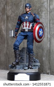 BANGKOK THAILAND - MAY 31 ,2019 : Close up shot of Captain America Civil War superheros figure in action fighting. Captain america appearing in American comic books by Marvel.