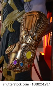 Bangkok, Thailand - May 4, 2019: The Statue Of Thanos With The Mighty Glove Infinity Gauntlet From A Marvel Superhero Movie Avengers 4: Endgame Displays At The Theater