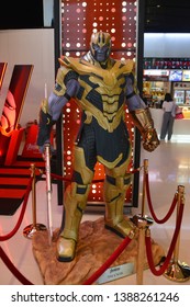 Bangkok, Thailand - May 4, 2019: The Statue Of Thanos With The Mighty Glove Infinity Gauntlet From A Marvel Superhero Movie Avengers 4: Endgame Displays At The Theater