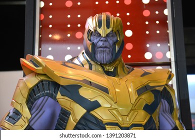 Bangkok, Thailand - May 4, 2019: The Statue Of Thanos With The Mighty Glove Infinity Gauntlet From A Marvel Superhero Movie Avengers 4: Endgame Displays At The Theater