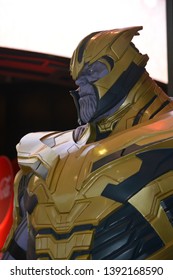 Bangkok, Thailand - May 4, 2019: The Statue Of Thanos With The Mighty Glove Infinity Gauntlet From A Marvel Superhero Movie Avengers 4: Endgame Displays At The Theater