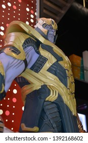 Bangkok, Thailand - May 4, 2019: The Statue Of Thanos With The Mighty Glove Infinity Gauntlet From A Marvel Superhero Movie Avengers 4: Endgame Displays At The Theater