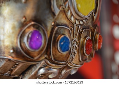 Bangkok, Thailand - May 4, 2019: The Statue Of Thanos With The Mighty Glove Infinity Gauntlet From A Marvel Superhero Movie Avengers 4: Endgame Displays At The Theater