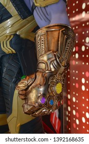 Bangkok, Thailand - May 4, 2019: The Statue of Thanos with The Mighty Glove Infinity Gauntlet from A Marvel Superhero Movie Avengers 4: Endgame Displays at the Theater