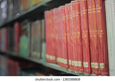 Bangkok, Thailand - NOV 08, 2017 : Old Classic Covre Journal Book On Academic Research Information Shelf Of College Library, Retro Style Literature Bookshelf