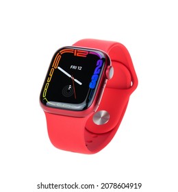 Bangkok, Thailand - Nov 12, 2021: New Apple Watch Serie 7, Product Red Edition, Isolate On White Background. Wearable Technology, Fashion Lifestyle Concept. Illustrative Editorial Content