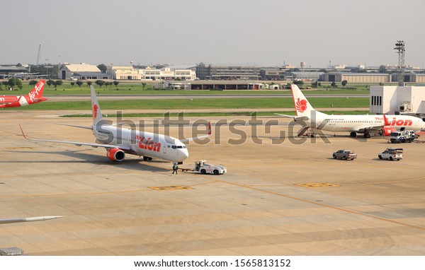 BANGKOK THAILAND - NOV 2019 :\
Don-Mueang International, Airplane Tugs, Machine for push back the\
aircraft to taxiway on duty in ground handling\
services.