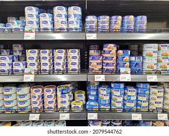 Bangkok Thailand , Nov 2021 , Canned Tuna On Shelf In Supermarket