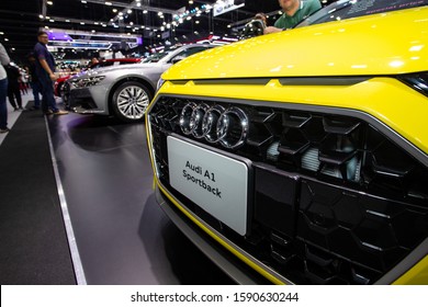 Bangkok, Thailand, Nov 29, 2019 - Front side view of Audi A1 Sportback luxury car's logo