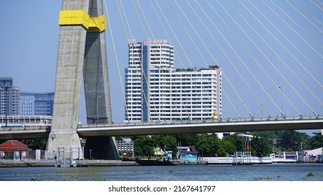 Bangkok, Thailand - November 15, 2020: main pylon of Rama VIII Bridge, a cable-stayed bridge asymmetrical design with a single pylon in an inverted Y shape crossing the Chao Phraya River in Bangkok