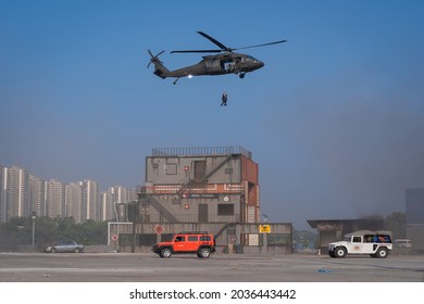 Bangkok, Thailand - November 18, 2019 : Demonstration Showcase The Capability Of The Royal Thai Armed Forces And Disaster Relief Agency At Defense And Security 2019 Impact Exhibition Center Thailand.