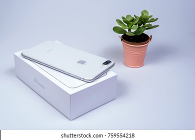 Bangkok, Thailand - November 19, 2017:Brand new generation of Apple iPhone  8 plus with box isolate on white background with cactus. iPhone is most popular of smartphone in the world.