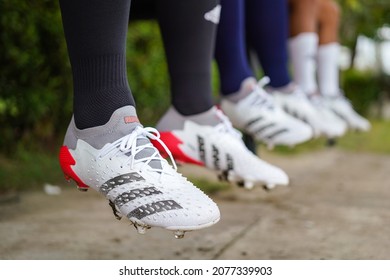 Bangkok, Thailand - November 2021 : Adidas launch new colorway of "Predator Freak" in White Spark Pack collection. This boots is designed as strike and control feature, for playmaker player.