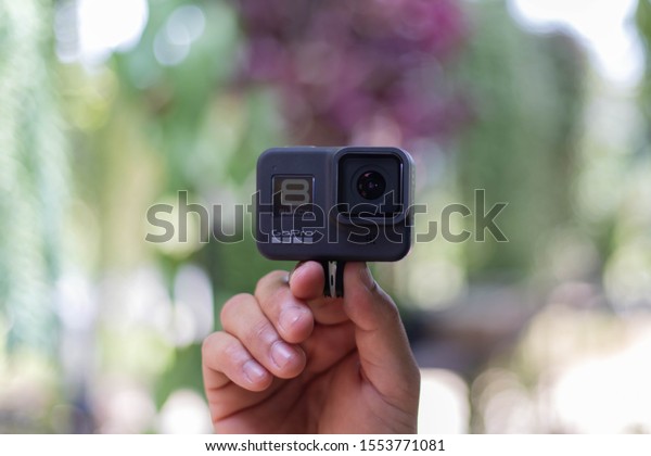 BANGKOK, THAILAND - NOVEMBER 7,\
2019 : GoPro HERO 8 Black product. The action camera with new\
feature fuctions hypersmooth, Live stream, TimeWarp and\
SuperPhoto.