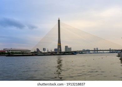Bangkok, Thailand - November 7 2020: The Rama VIII or 8 Bridge is a cable-stayed bridge crossing the Chao Phraya River in Bangkok, Thailand. Asia.