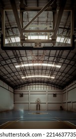 Bangkok, Thailand - Oct 15, 2020 : View From Empty Basketball Gym. Indoor Basketball Court, Interior Of A Basketball Hall, Space For Text, Dark Tone, Selective Focus.