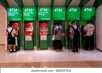 Bangkok , Thailand - Oct 16,2020 : People use ATM/CDM/PUM/DB Electronic machines kiosk of Kasikornbank (Kbank).