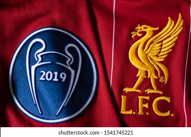Bangkok, Thailand - Oct 26, 2019: This is Liverpool football club logo on the home shirt jersey 2019/20 and embellish their UEFA badge of honour with victory in the UEFA Champions League final 2019.