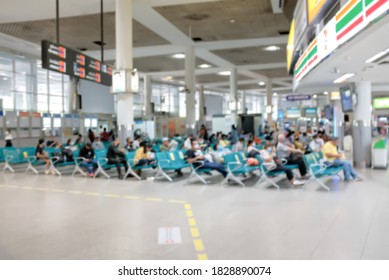 Bangkok, Thailand – Oct 5, 2020 : People Wait For Buses Inside Bus Terminal ,  Mo Chit 2 Station , Take A Blurred Photo