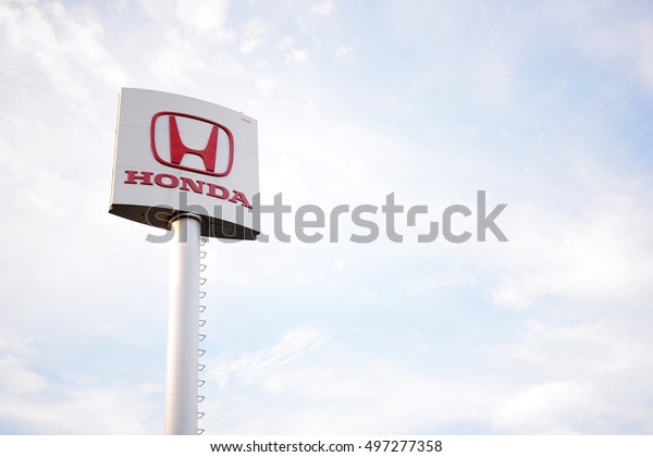 BANGKOK,\
THAILAND - October 07, 2016: Honda logo installed outdoor to\
indicate the sale and service center. Honda is Japanese\'s car\
manufacturer which sold around the\
world.