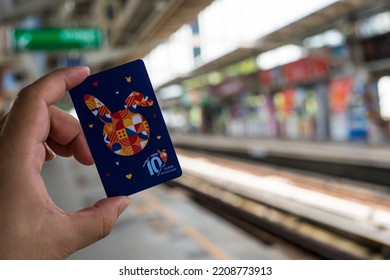 Bangkok, Thailand - October 1, 2022 : Rabbit Card For BTS Ticket, Special Rabbit Card, 10th Anniversary Edition On Hand In The Train Cabin