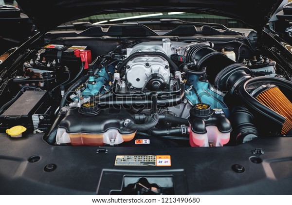 BANGKOK, THAILAND - OCTOBER 11, 2018: Ford Mustang\
GT500 Shelby engine bay after cleaning & dressing.\
Illustration of Cobra car engine details. Concept of car detailing\
& modification. American\
muscle