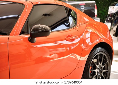 BANGKOK, THAILAND - OCTOBER 16, 2019: Car Window Tint. Ceramic Film Provide Heat & UV Protection With Black Color Shade. Automobile Film Installed To Glass Surface Of Car. Professional Tinting Service