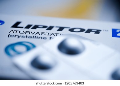 Bangkok, Thailand - October 18, 2018 : Lipitor, Lipid Lowering Drug, Reduce LDL (low Density Lipoprotein) : Healthy Strong Medical Concept.