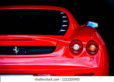 BANGKOK, THAILAND - October 18, 2018: Ferrari F430 is Italian sports car designed by Pininfarina. Close up of rear taillights and engine cover vent. Body styling for aerodynamic efficiency & downforce