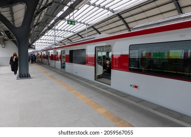 Bangkok, Thailand - October 18, 2021 - SRT Dark Red Line Stopping At Lak Si Station