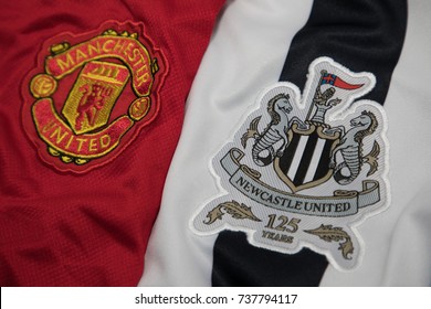 BANGKOK, THAILAND -OCTOBER 19: The Logos Of Manchester United  And Newcastle United Football Club On An Official Jersey On October 19,2017