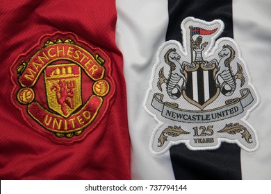 BANGKOK, THAILAND -OCTOBER 19: The Logos Of Manchester United  And Newcastle United Football Club On An Official Jersey On October 19,2017