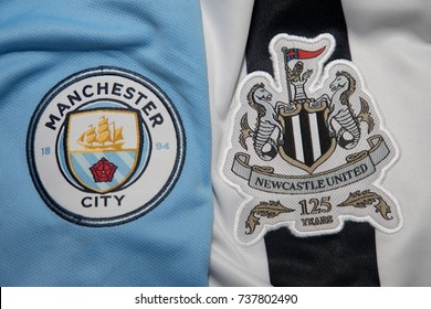 BANGKOK, THAILAND -OCTOBER 19: The Logos Of Manchester City  And Newcastle United Football Club On An Official Jersey On October 19,2017