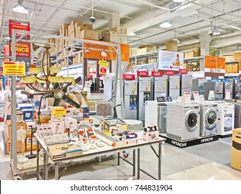 Bangkok, Thailand - October 20, 2017: Various brands of electronics, refrigerator, washing machine at HomePro interior. HomePro is a supermarket of home product and building construction in Thailand
