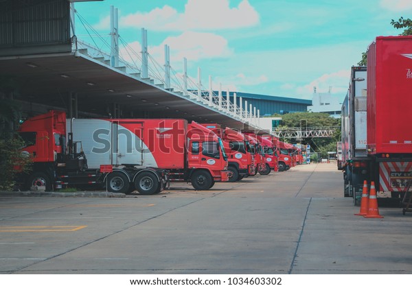 BANGKOK, THAILAND, OCTOBER 2016: Cargo\
Trucks of Thailand post waiting parcel to\
delivery