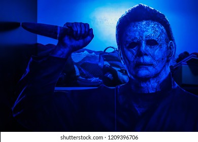 Bangkok, Thailand – October 21, 2018: Recreation of a scene from the 1978 movie Halloween; Michael Myers (the shape) holding a knife Displays at the Theater.