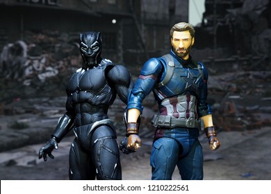 Bangkok, Thailand - October 21,2018: The Setting Of Black Panther And Captain America, Action Figures Display From Famous Marvel Comic.