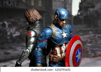 Bangkok, Thailand - October 21,2018: The Setting Of Bucky And Captain America, Action Figures Display From Famous Marvel Comic.