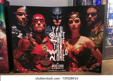 Bangkok, Thailand - October 22, 2017: Standee Of The Movie Justice League Displays At The Theater