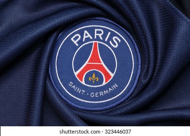 BANGKOK, THAILAND -OCTOBER 3, 2015: the logo of Paris Saint Germain football club on an official jersey on October 3, 2015 in Bangkok Thailand.