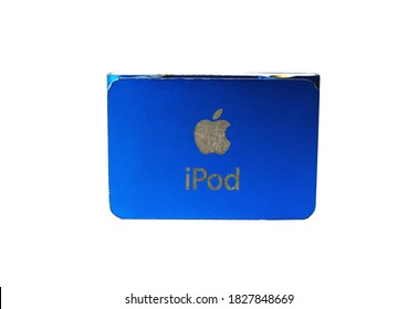 BANGKOK, THAILAND - October 6, 2020 : Ipod Shuffle Blue Color On White Background. Apple Inc. Product