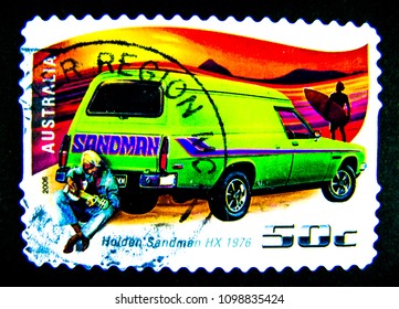 BANGKOK, THAILAND. – On May 26, 2018 - A Stamp Printed In Australia Shows An Image Of Green Classic Car Holden Sandman HX 1976 On Value At 50 Cent.